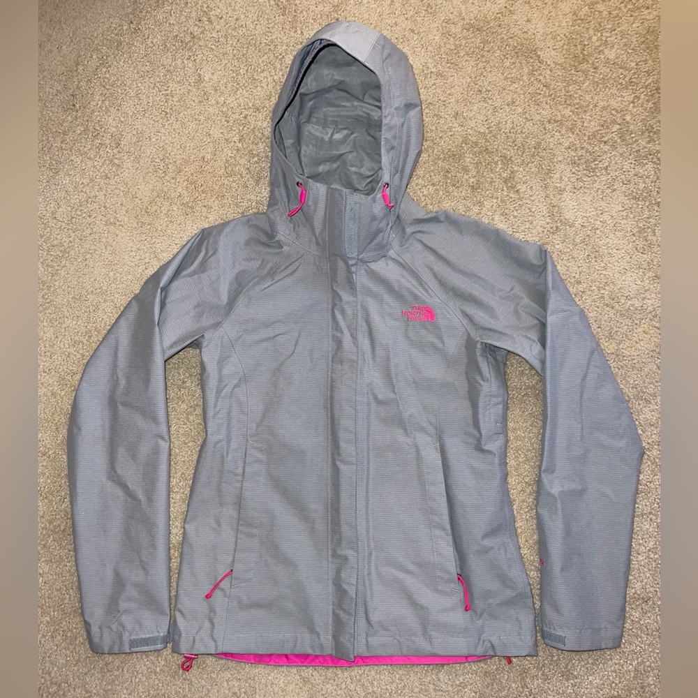 North Face Gray Hooded Rain Jacket with Pink Accents